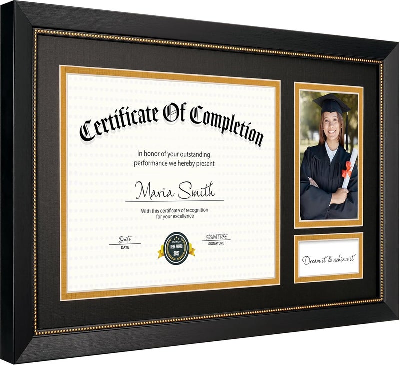 GiftMust 11x18.5 Graduate Frame for 8.5x11 Certificate Document, Display One 8.5x11 Diploma and One 4x6 Graduate photo, Real Glass, Black Frame with Black Over Gold Double Mats - Image 2
